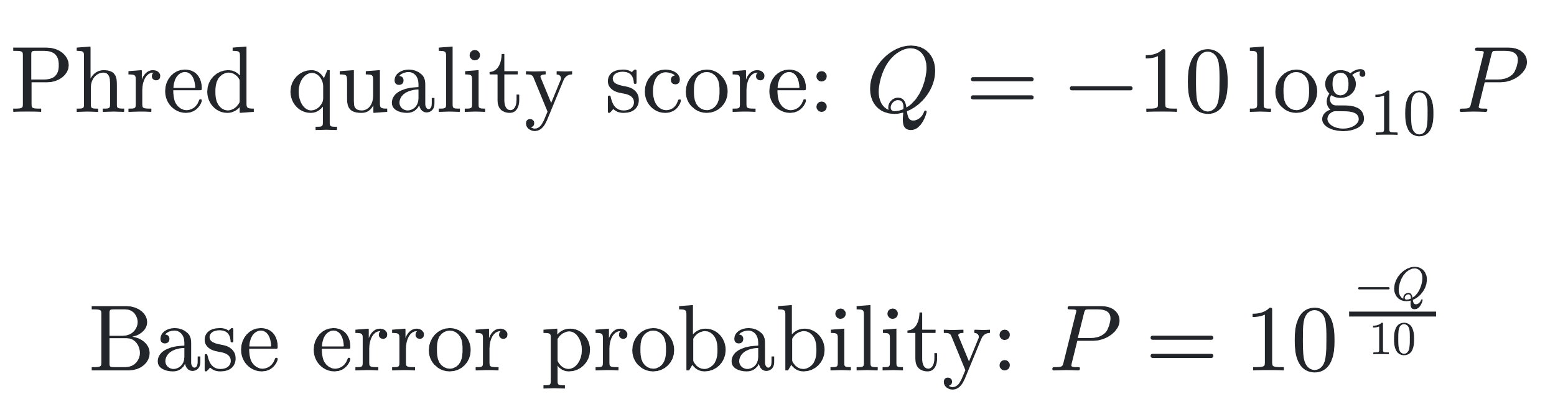 Formula showing conversion between Phred quality scores and error probabilities